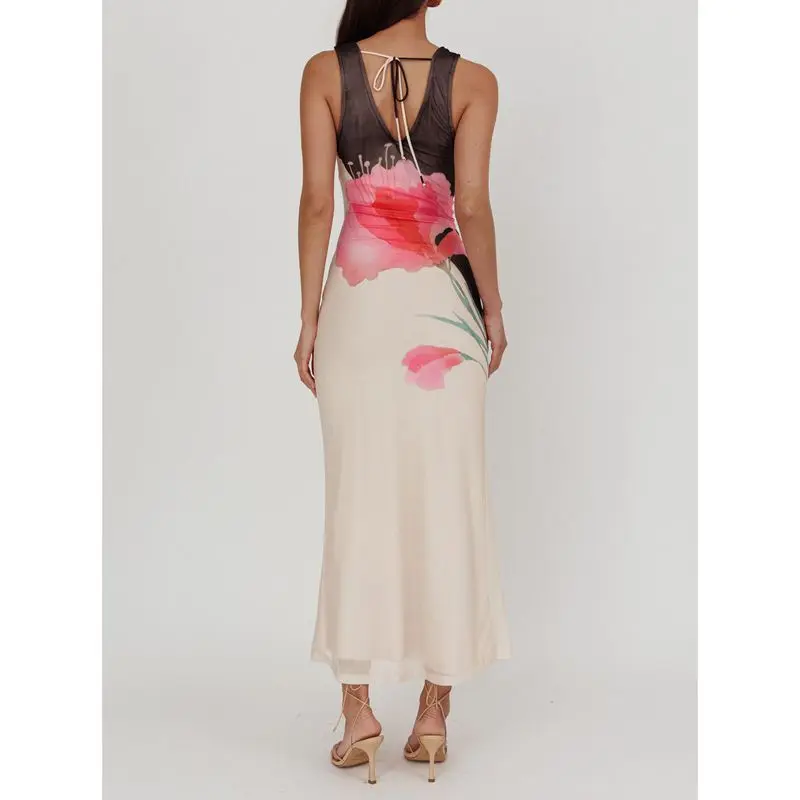 Lace-up Tie-dye Mesh Long Vacation Dress - Image 5