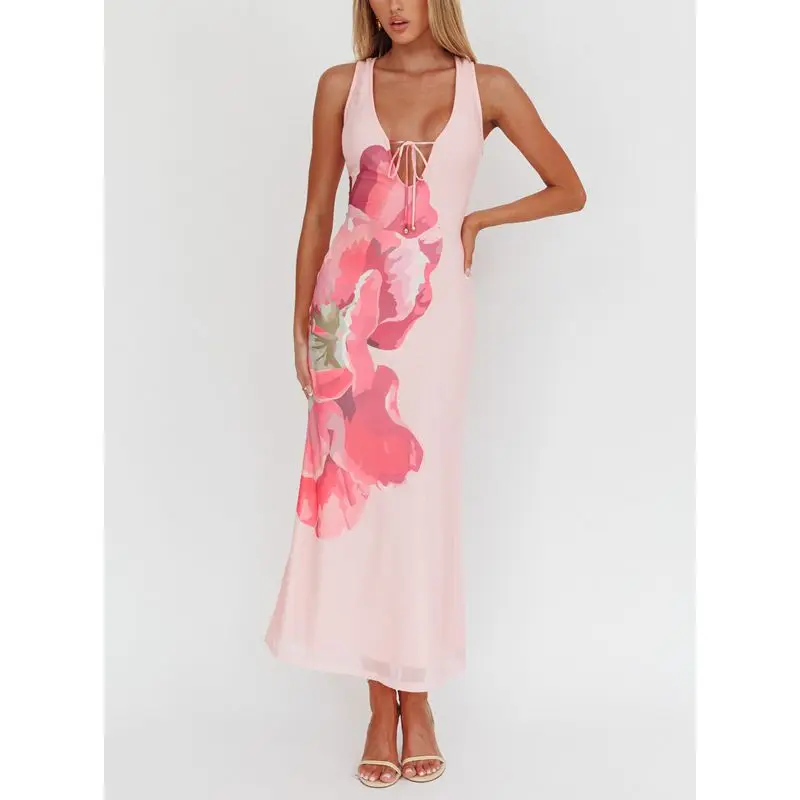 Lace-up Tie-dye Mesh Long Vacation Dress - Image 6