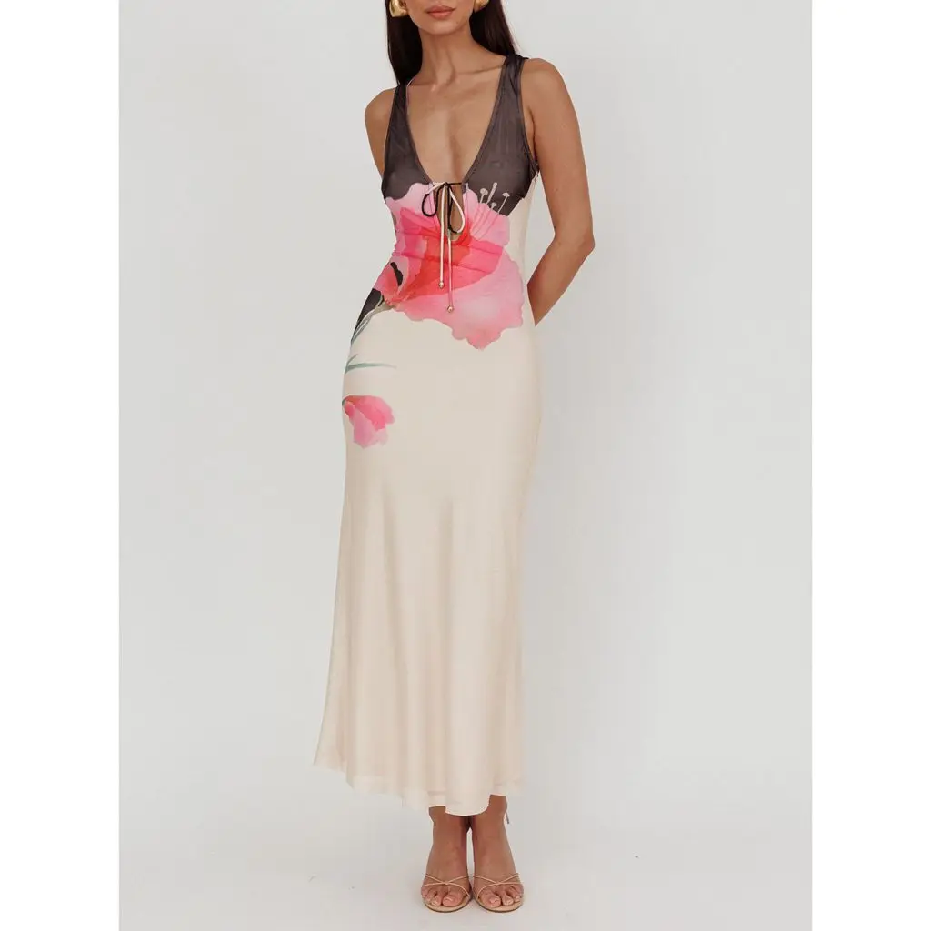 Lace-up Tie-dye Mesh Long Vacation Dress - Image 7