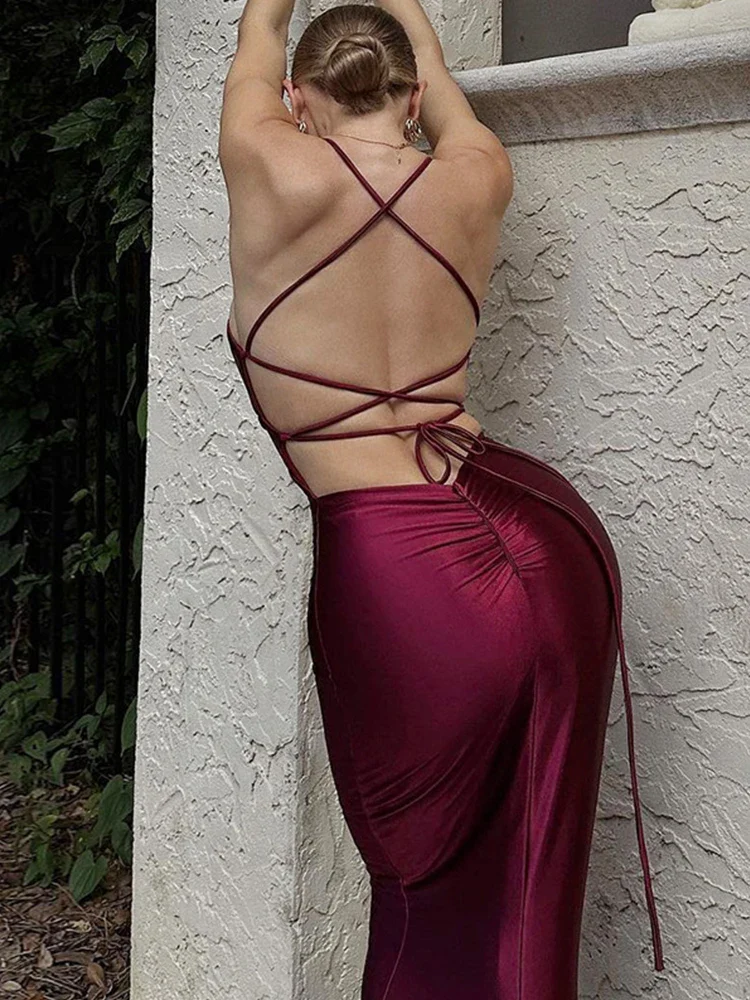Lace-up V-neck Sleeveless Slim Party Dress - Image 4
