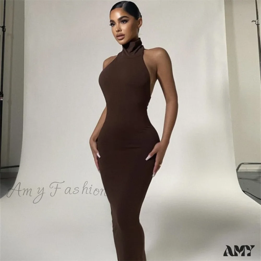Amy Fashion - Ladies Club Brown Long Dress - Image 3