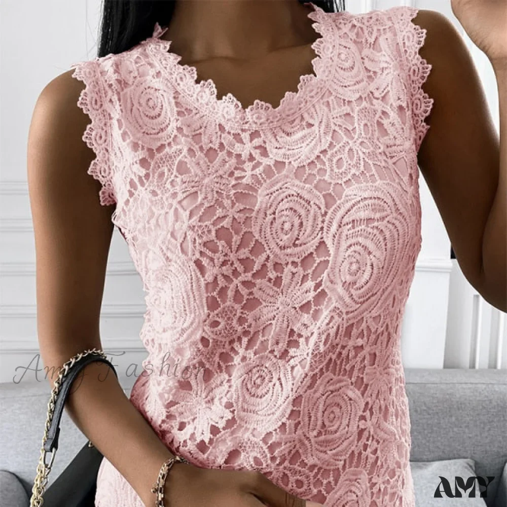 Amy Fashion - Lace Jacquard Sleeveless Casual vintage T-Shirt - Image 3