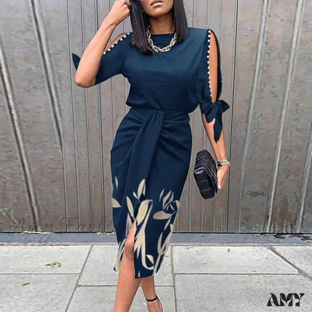 Amy Fashion - Lady Elegant O Neck Draped Slit Long Dress - Image 2