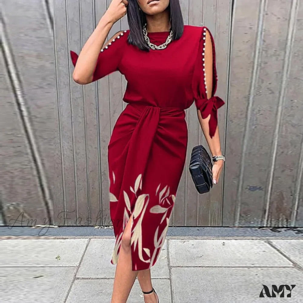 Amy Fashion - Lady Elegant O Neck Draped Slit Long Dress - Image 3