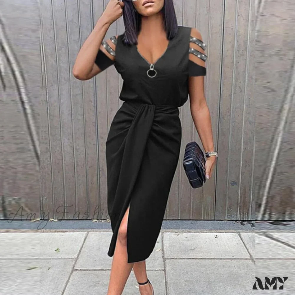 Amy Fashion - Lady Elegant O Neck Draped Slit Long Dress - Image 4