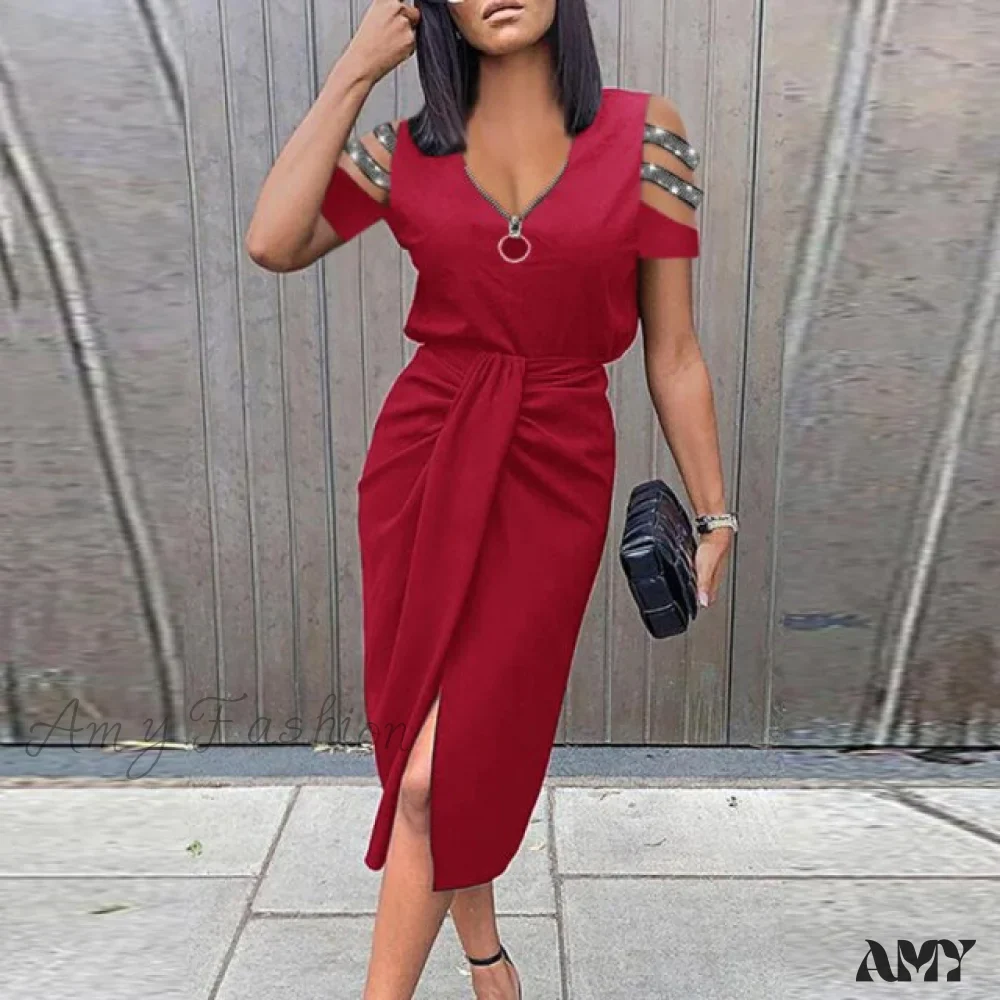 Amy Fashion - Lady Elegant O Neck Draped Slit Long Dress - Image 5
