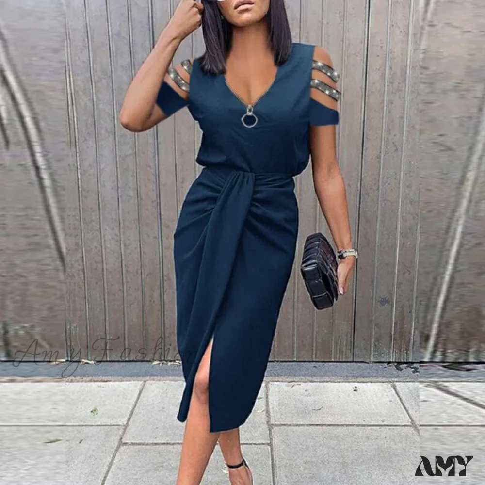 Amy Fashion - Lady Elegant O Neck Draped Slit Long Dress - Image 6