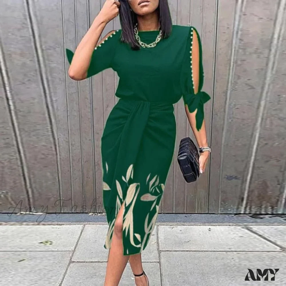 Amy Fashion - Lady Elegant O Neck Draped Slit Long Dress - Image 7