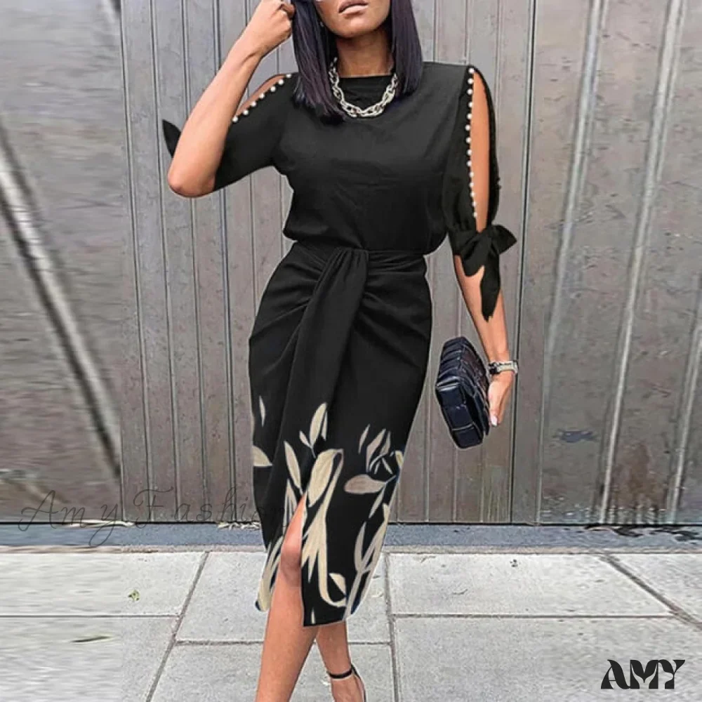 Amy Fashion - Lady Elegant O Neck Draped Slit Long Dress - Image 8