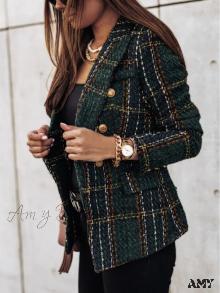 Amy Fashion - Lady Elegant Double-breasted Check Slim Long-sleeved Blazer - Image 4