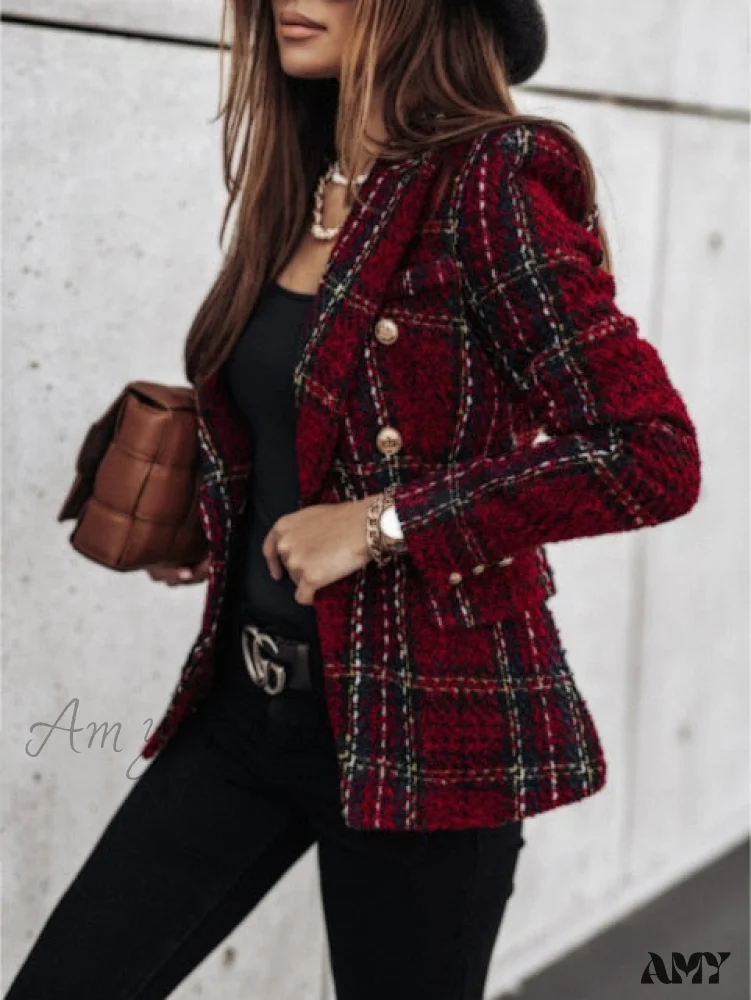 Amy Fashion - Lady Elegant Double-breasted Check Slim Long-sleeved Blazer - Image 5