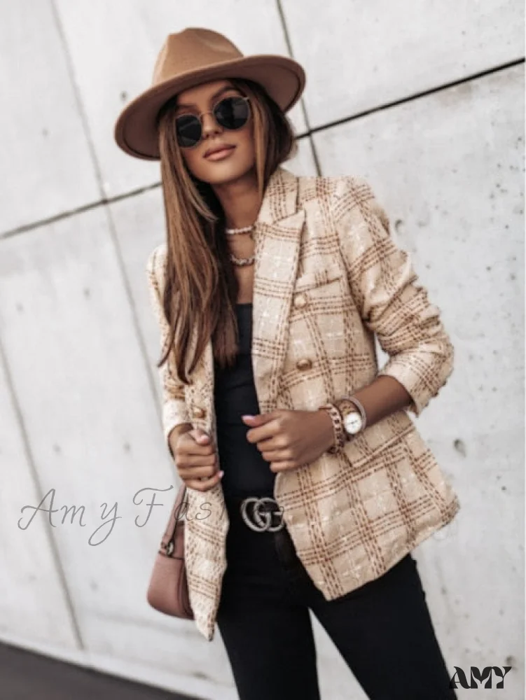 Amy Fashion - Lady Elegant Double-breasted Check Slim Long-sleeved Blazer - Image 7