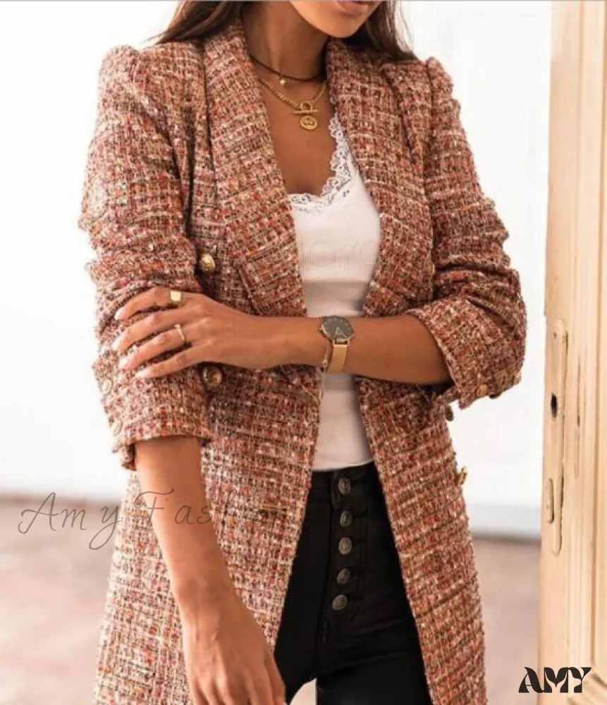 Amy Fashion - Lady Elegant Double-breasted Check Slim Long-sleeved Blazer - Image 8