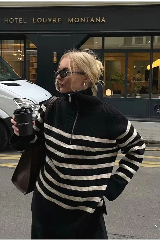 Laid-back Retro Lapel Half-zip Striped Sweater - Image 2