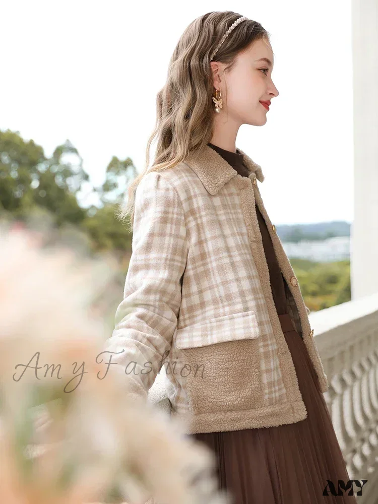 Lamb Wool Splicing Padded Cotton Warm Y2K Vintage Plaid Parkas Coat - Image 2