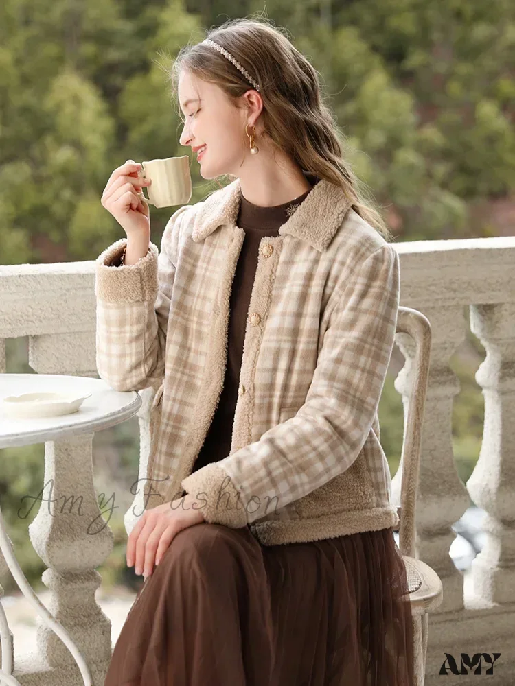 Lamb Wool Splicing Padded Cotton Warm Y2K Vintage Plaid Parkas Coat - Image 3