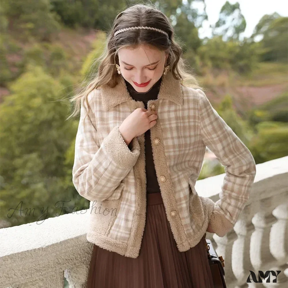 Lamb Wool Splicing Padded Cotton Warm Y2K Vintage Plaid Parkas Coat - Image 5