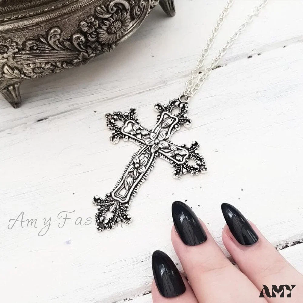 Amy Fashion - Large Detailed Cross Drill Pendant Jewel Necklace - Image 3