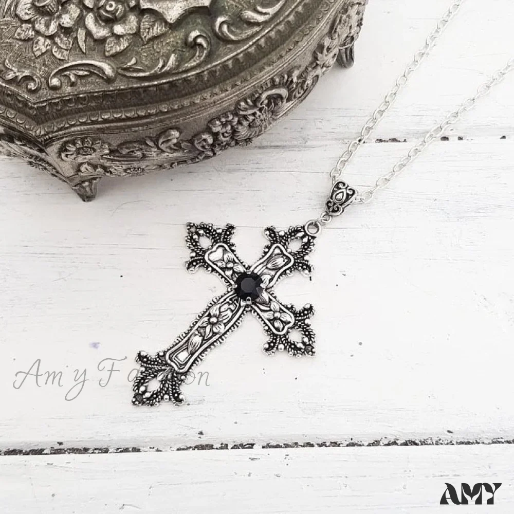 Amy Fashion - Large Detailed Cross Drill Pendant Jewel Necklace - Image 4
