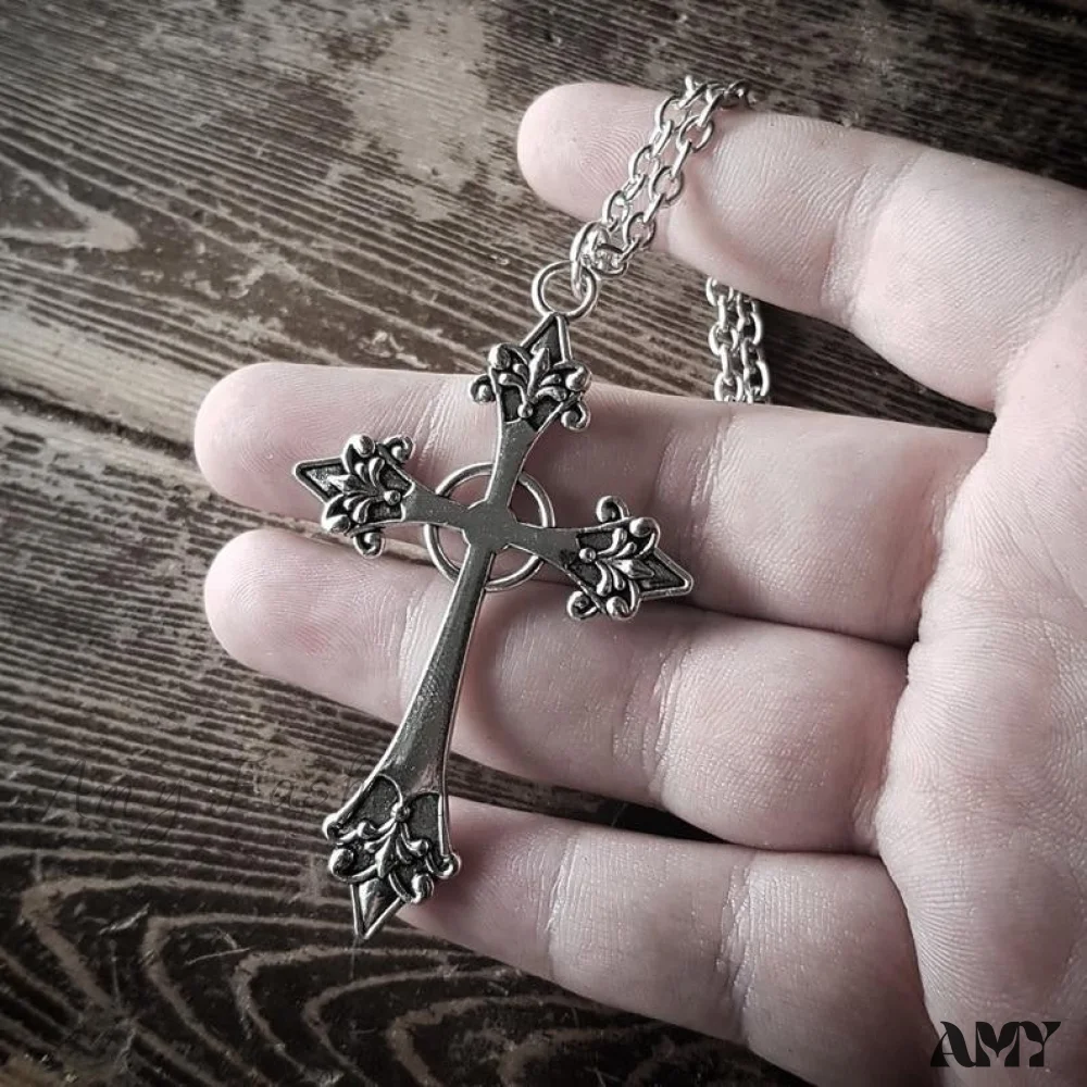 Amy Fashion - Large Detailed Cross Drill Pendant Jewel Necklace - Image 8