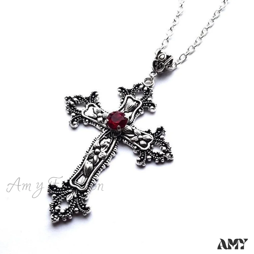 Amy Fashion - Large Detailed Cross Drill Pendant Jewel Necklace - Image 9
