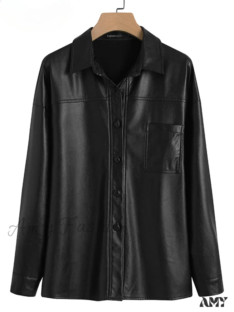 Leather Autumn Thin Bomber Vintage Long Sleeve Buttons Lapel Casual Solid Work Jacket - Image 3