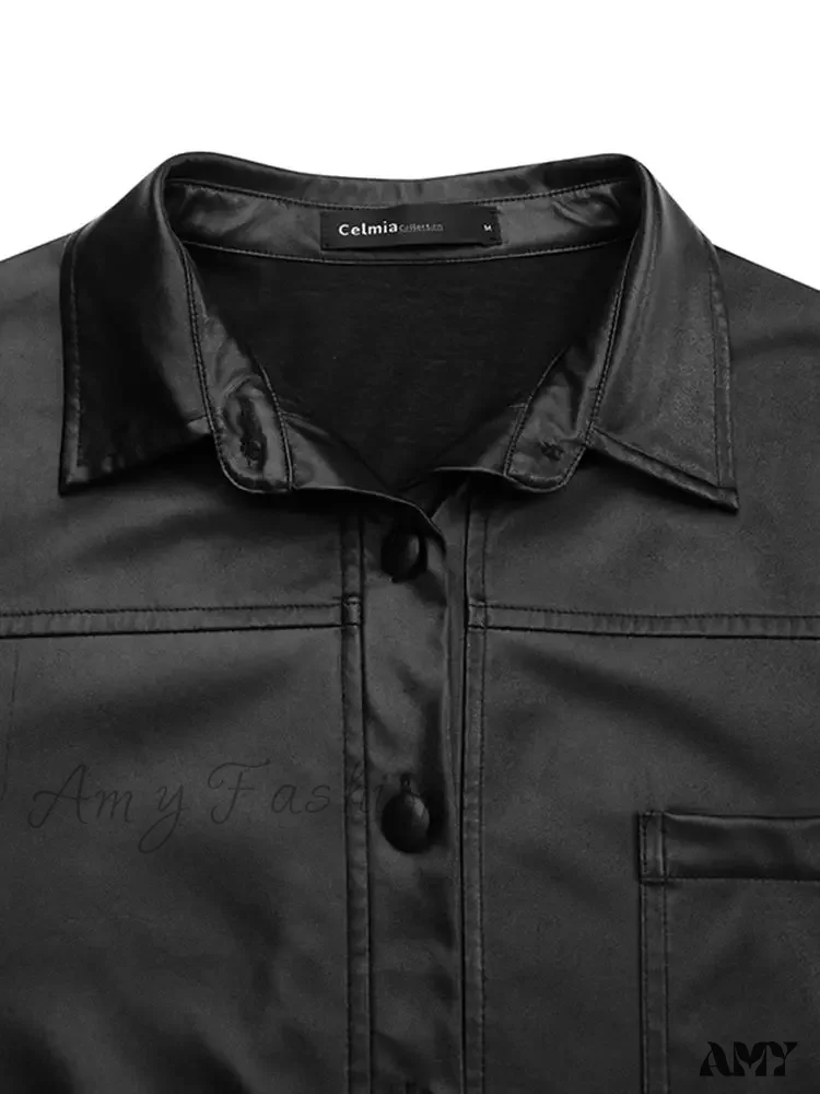 Leather Autumn Thin Bomber Vintage Long Sleeve Buttons Lapel Casual Solid Work Jacket - Image 4