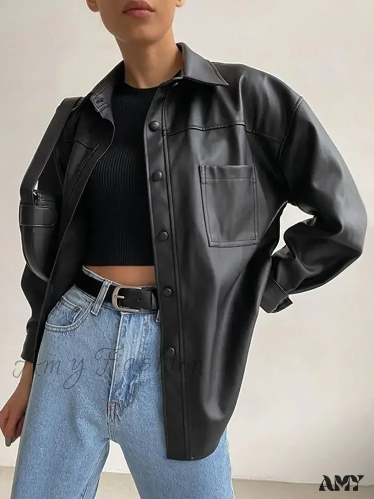 Leather Autumn Thin Bomber Vintage Long Sleeve Buttons Lapel Casual Solid Work Jacket - Image 5
