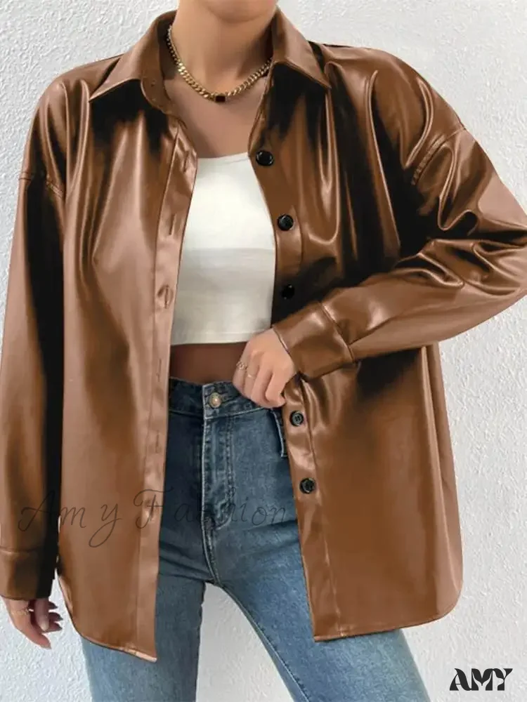 Leather Autumn Thin Bomber Vintage Long Sleeve Buttons Lapel Casual Solid Work Jacket - Image 6