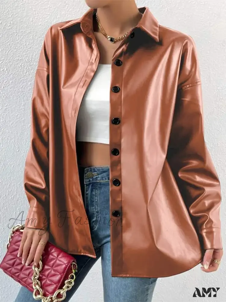 Leather Autumn Thin Bomber Vintage Long Sleeve Buttons Lapel Casual Solid Work Jacket - Image 7