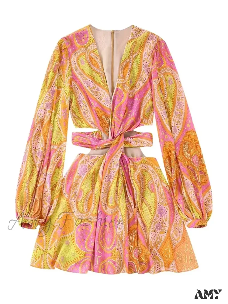 Amy Fashion - legant Print Hollow Out Pleated Mini Boho Dress - Image 7