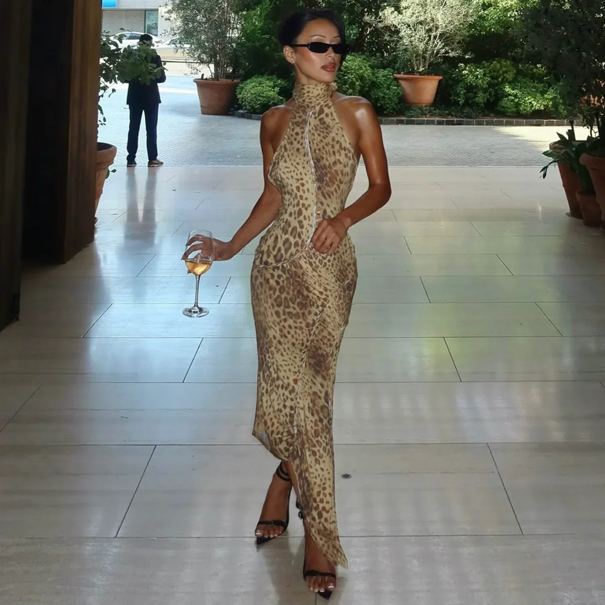 Leopard Halter Bandage Maxi Dress - Image 3