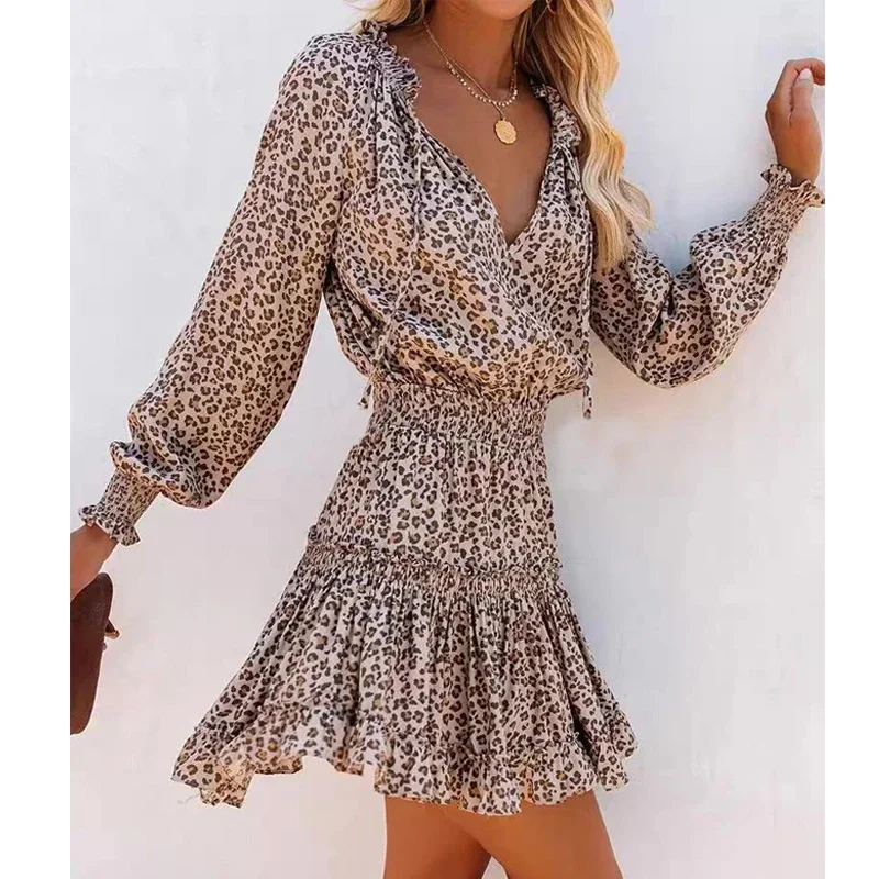 Leopard Print Cotton V Neck Autumn Boho Dress - Image 3