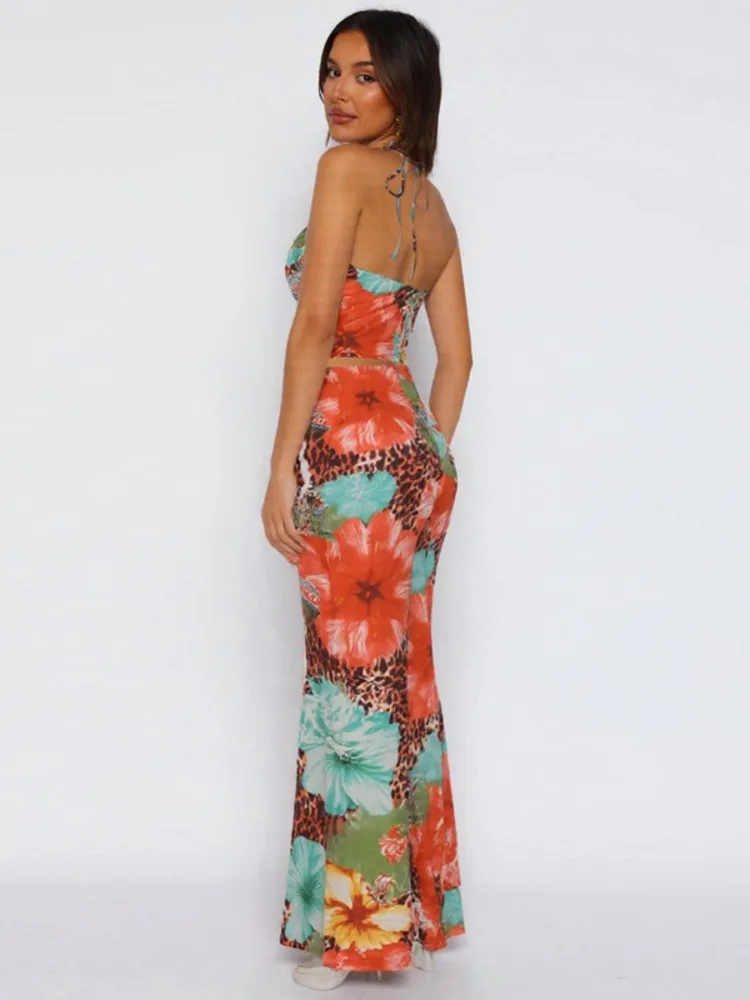 Leopard Print Lace-up Halter Crop Top Two Piece Vacation Dress - Image 2