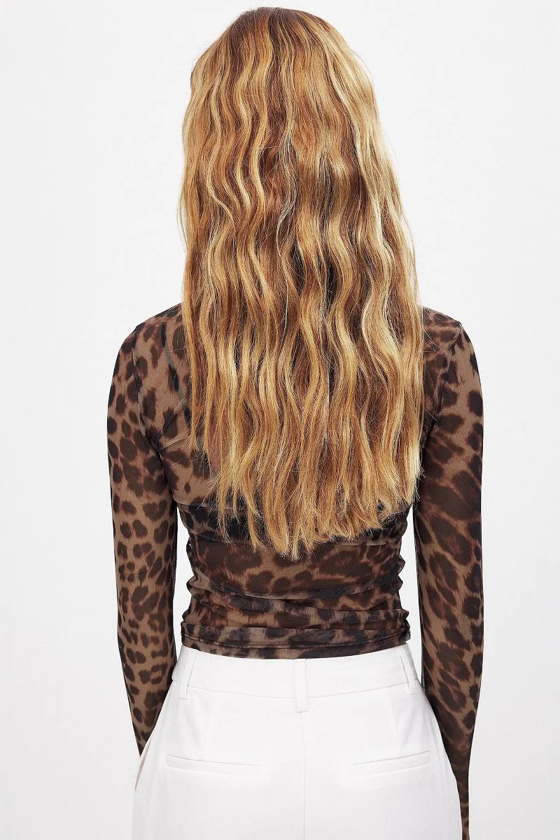 Leopard Print Mesh-Printed Slim Fitted Blouse - Image 4