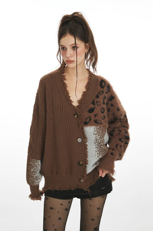 Leopard Print Patchwork V Neck Chic Knit Cardigan - Image 2