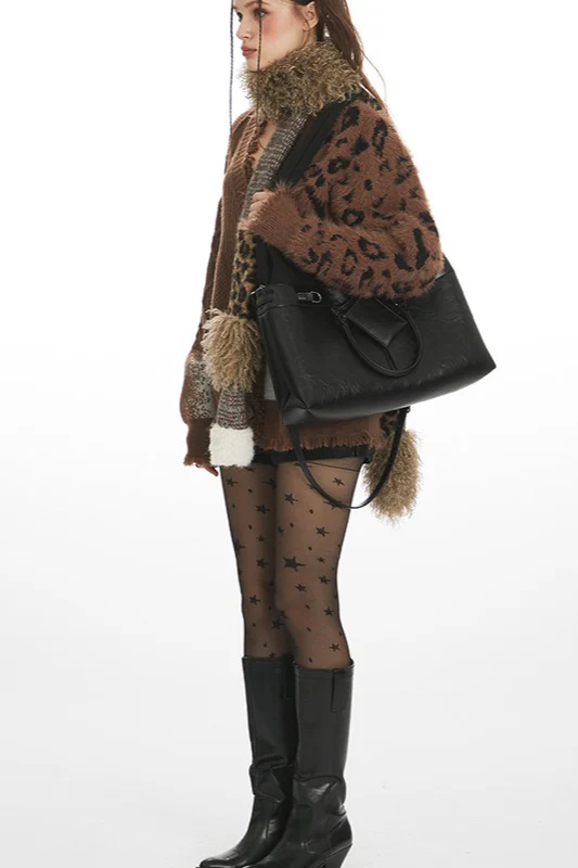 Leopard Print Patchwork V Neck Chic Knit Cardigan - Image 4