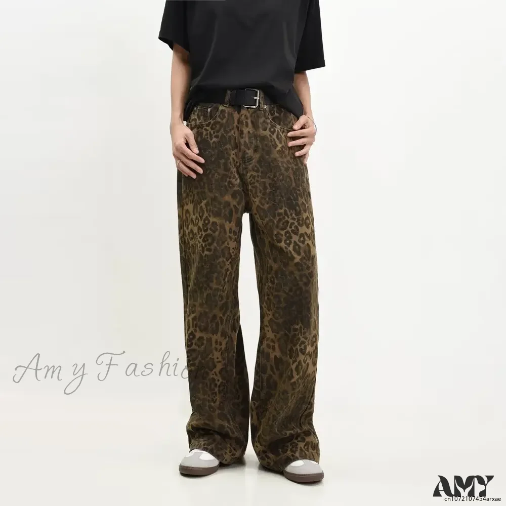 Leopard Print Retro Straight Tube Baggy Fashion Y2K New Winter Jeans - Image 3