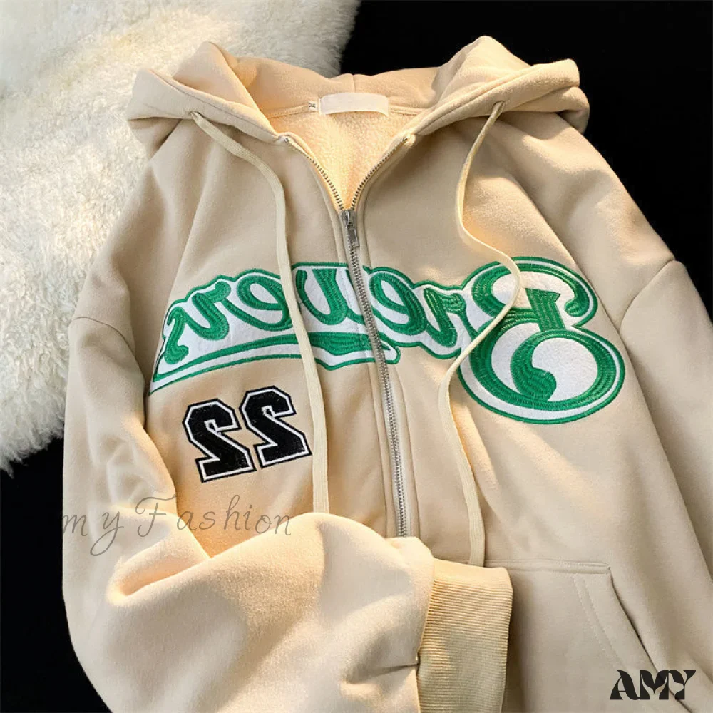 Amy Fashion - Letter Embroidery Vintage Loose Zipper Hoodies - Image 10