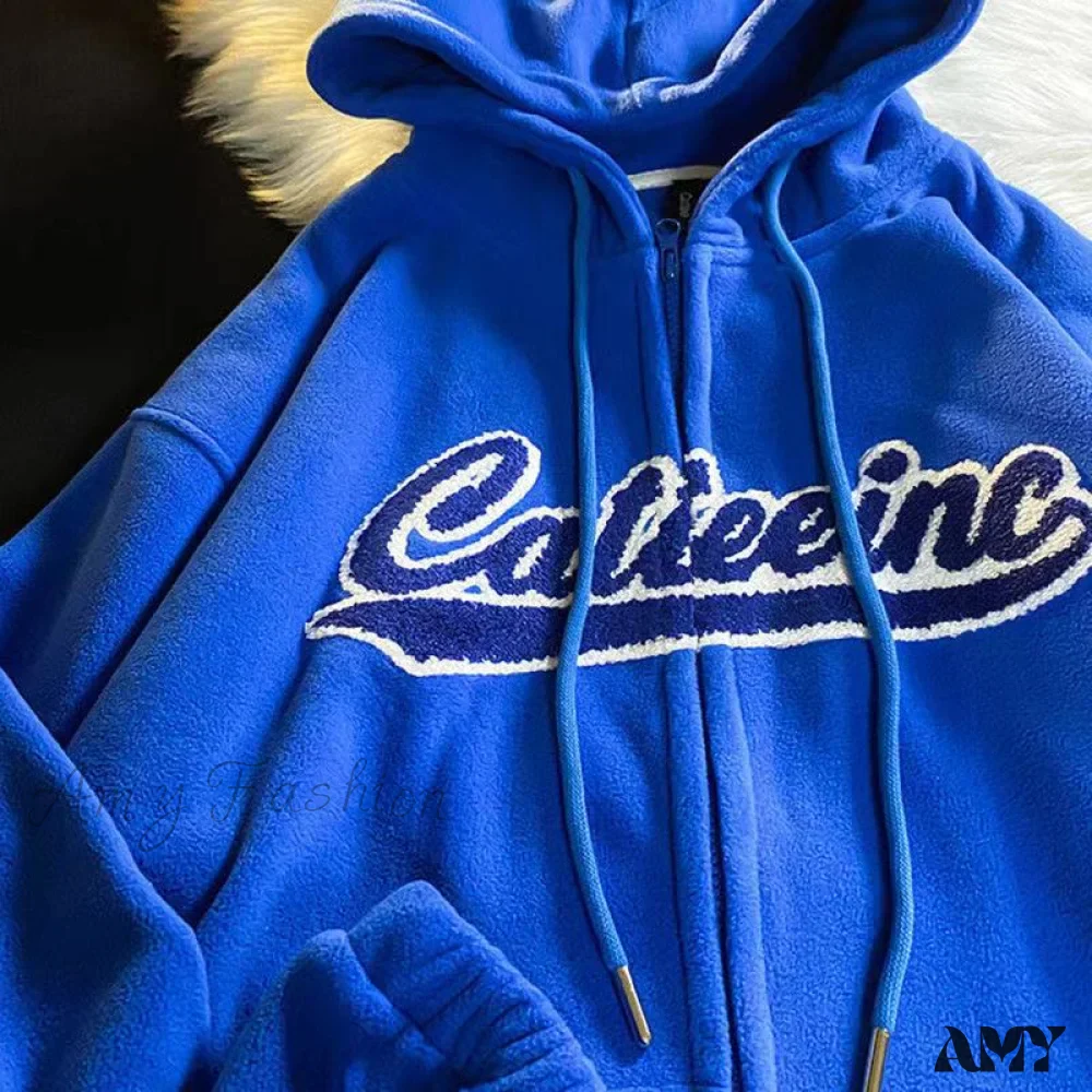 Amy Fashion - Letter Embroidery Vintage Loose Zipper Hoodies - Image 12
