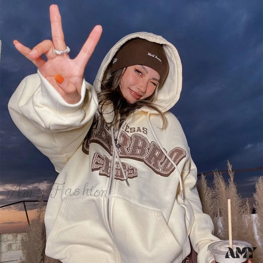 Amy Fashion - Letter Embroidery Vintage Loose Zipper Hoodies - Image 13