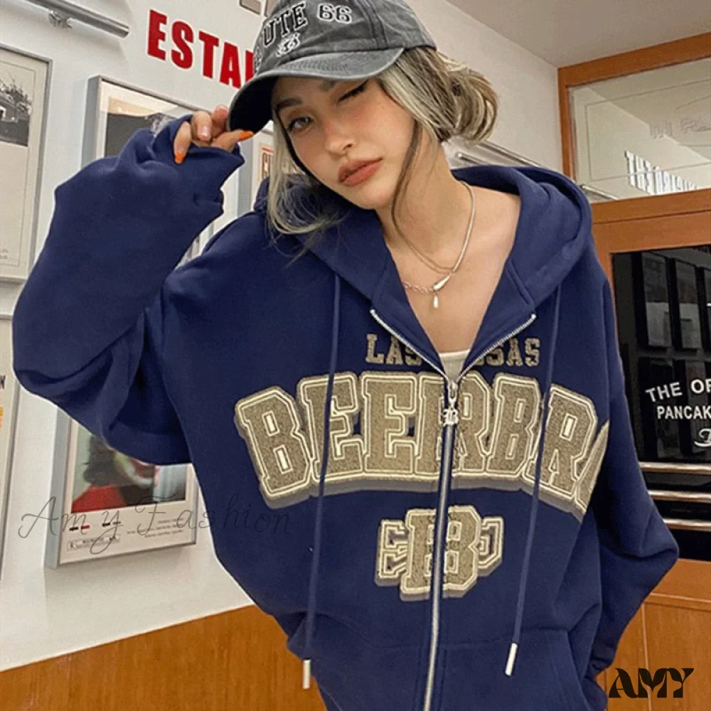 Amy Fashion - Letter Embroidery Vintage Loose Zipper Hoodies - Image 15