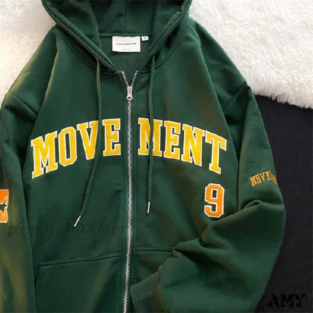 Amy Fashion - Letter Embroidery Vintage Loose Zipper Hoodies - Image 16