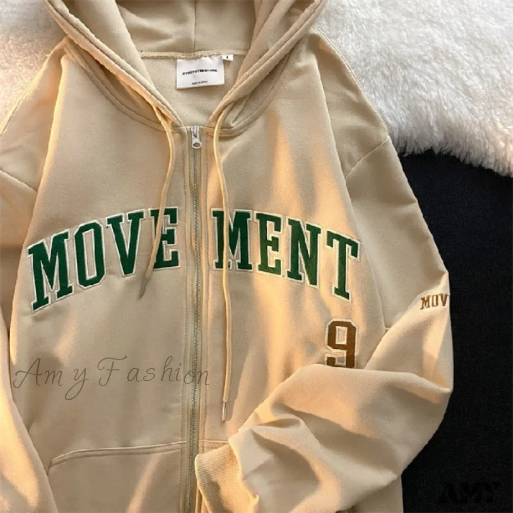 Amy Fashion - Letter Embroidery Vintage Loose Zipper Hoodies - Image 17