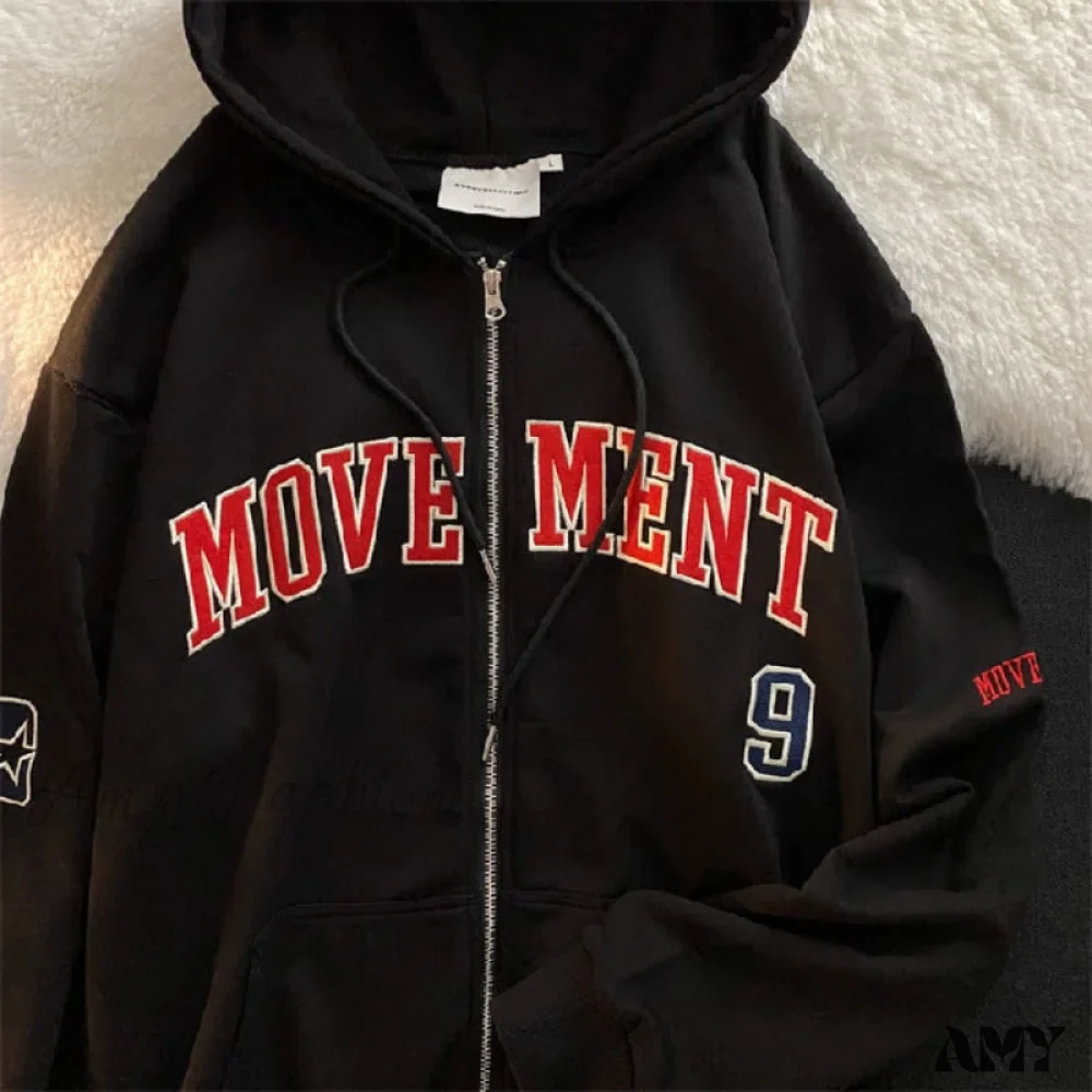 Amy Fashion - Letter Embroidery Vintage Loose Zipper Hoodies - Image 18