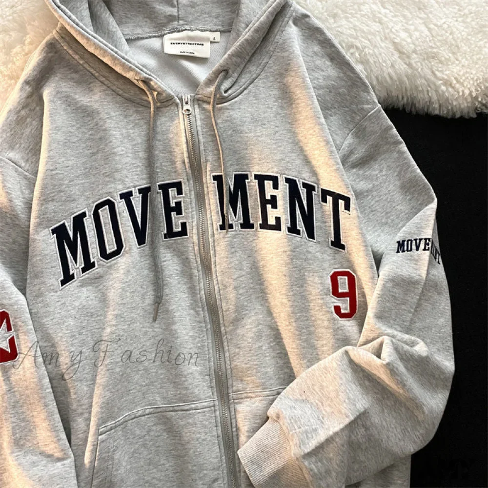 Amy Fashion - Letter Embroidery Vintage Loose Zipper Hoodies - Image 19