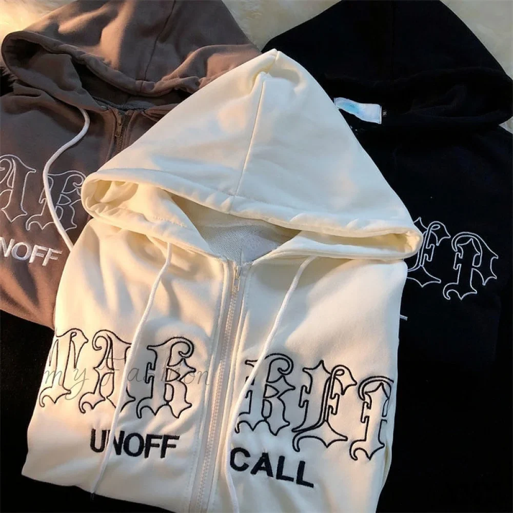 Amy Fashion - Letter Embroidery Vintage Loose Zipper Hoodies - Image 4