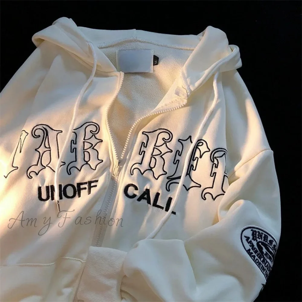 Amy Fashion - Letter Embroidery Vintage Loose Zipper Hoodies - Image 7