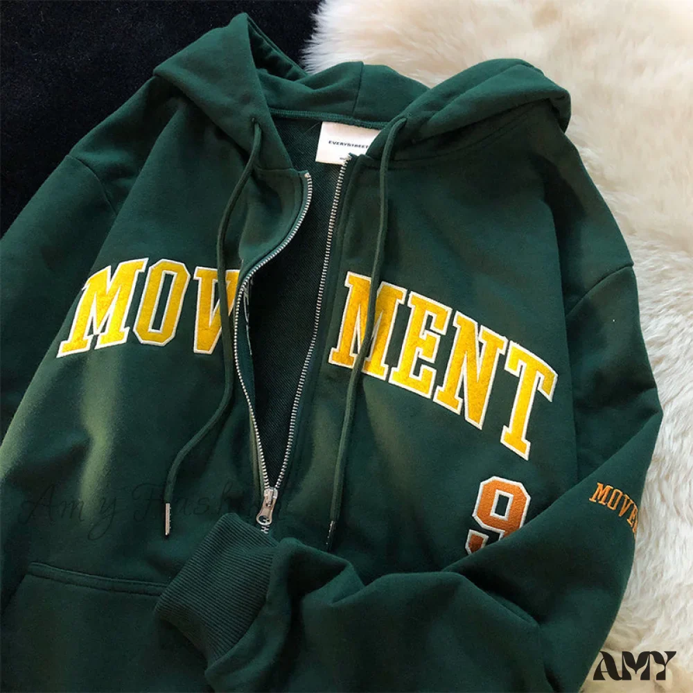 Amy Fashion - Letter Print Vintage Zip Up Oversize Jacket - Image 10