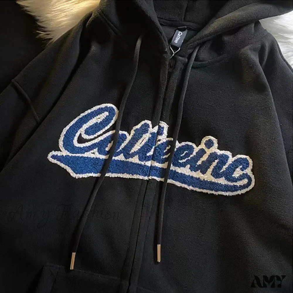 Amy Fashion - Letter Print Vintage Zip Up Oversize Jacket - Image 15